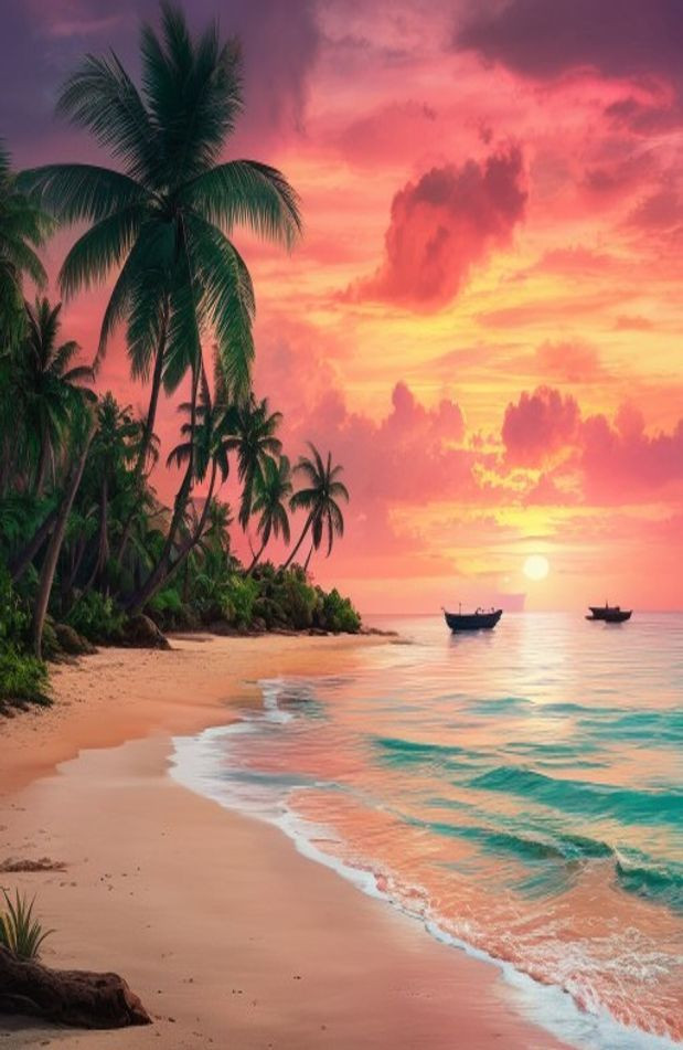 Tropical Island Sunset AI Wallpaper