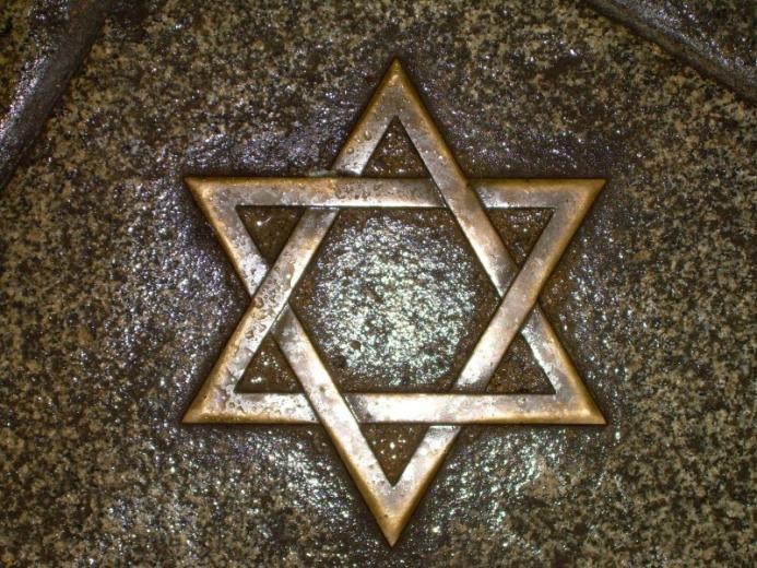 A gold magen david on a background of dark brown leather.