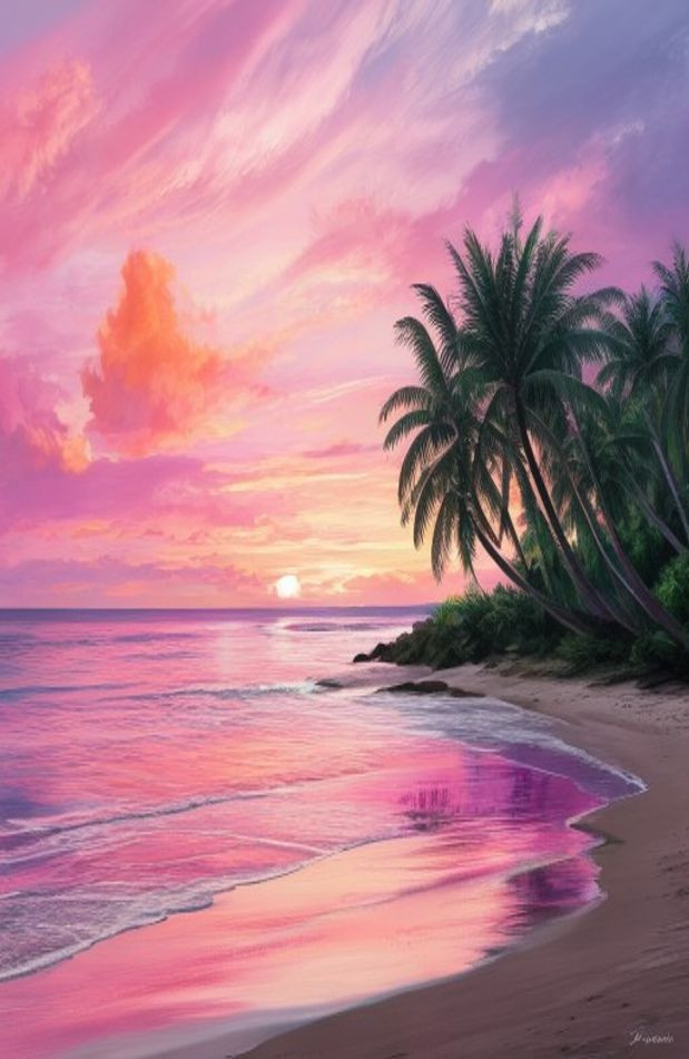Pink Beach Sunset AI Wallpaper