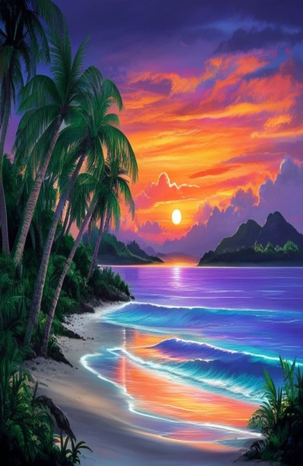 Tropical Island Sunset AI Wallpaper