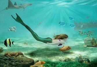 Wallpaper Little Mermaid Girl Underwater Fish