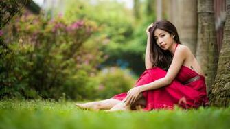 Image Brown Haired Bokeh Pose Girls Asian Sitting Frock
