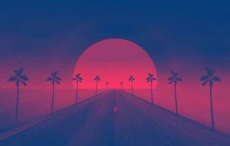 Wallpaper Sunset The Sun Road Palm Trees Synthpop Darkwave