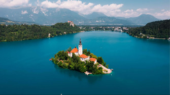 Aerial Of Lake Bled Flat Waters Wallpaper