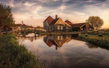 Nature Landscape Canal Bridge Windmills House Grass