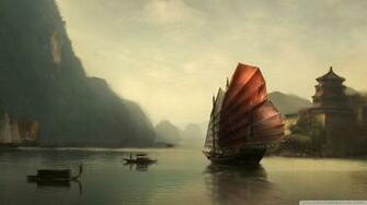 Junk Ship Chinese Painting 4k HD Desktop Wallpaper For Ultra