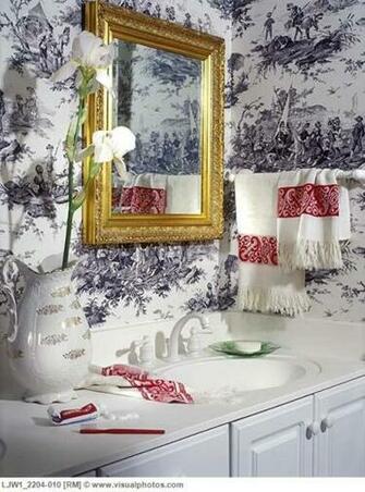 Black And White Toile Wallpaper Gold Framed Mirror Fringed