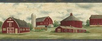 Red Hist Rico Country Barns Border Wallpaper