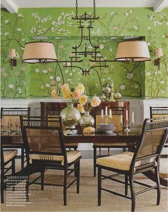 Gorgeous Green Dining Room De Gournay Wallpaper Takes Center Stage