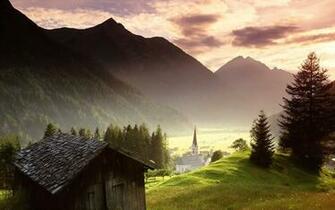 Sky Cloud Tree Mountain Summer Church Cottage Wallpaper Background