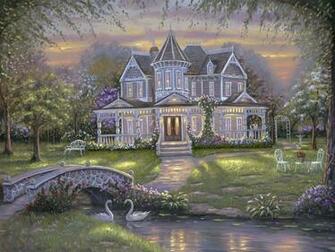 Robert Finale Wallpaper House Bridge Pond Garden Painting Art