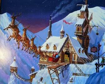 Santa Claus Coming To Town Riding His Reindeer Sleigh Flying In