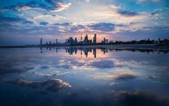 Wallpaper Dusk Kuwait City Buildings Sea Clouds HD