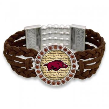 Arkansas Razorbacks Bracelet Brown Braided Suede Script Background