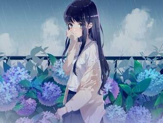 Desktop Wallpaper Rain Cute Anime Girl Flowers Original