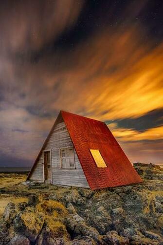 Iceland Night Scenery House Stars iPhone Wallpaper
