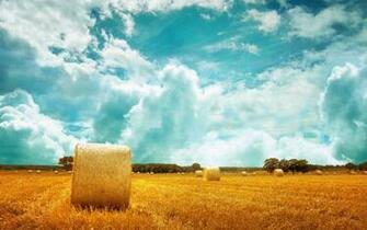 Sky Clouds Hay Bales Field Wallpaper