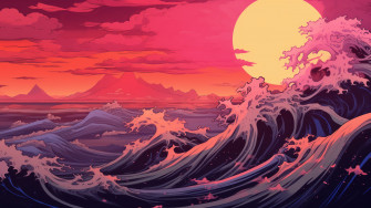 Ocean Wave Sunset Japanese Art 4k Wallpaper iPhone HD Phone 8761m