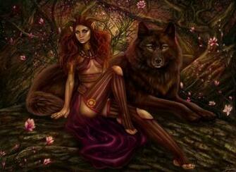 Art Girl Demon Wood Horn Red Wolf Trees Flowers Jpg