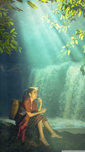 Beautiful Asian Girl Rainforest Waterfall 4k HD Desktop