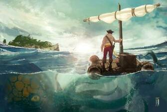 Art Raft Sea Island Man Monster Octopus Danger Wallpaper