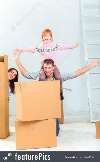 People The Happy Family During Repair And Relocation Stock