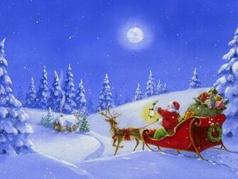 Santa Claus Coming To Town Riding His Reindeer Sleigh Flying In