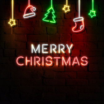 Stars Santa Hat Stocking Pine Tree And Merry Christmas Neon