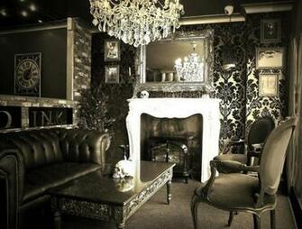 Fireplace Chandelier Tufted Sofa Damask Wallpaper Rooms