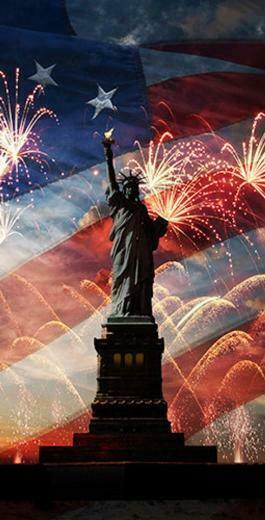 Statue Of Liberty With Fireworks American Flag In Background