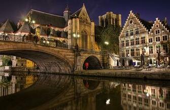 Desktop Wallpaper Cities Belgium Bridge Bruges Night Time