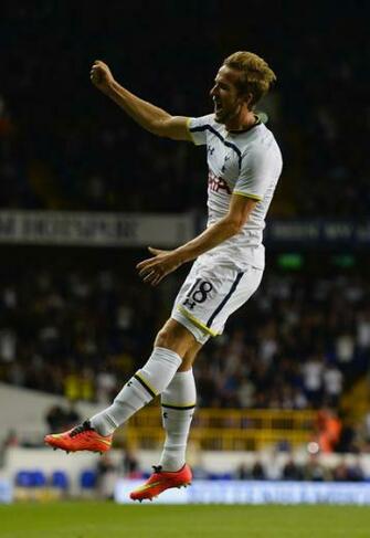 Harry Kane Of Spurs Celebrates Scoring Their First Goal