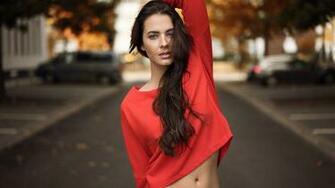 Wallpaper Beautiful Girl Red Dress Street