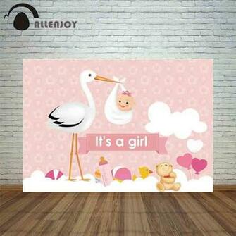 Allenjoy Background Cartoon White Stork Pink Flower