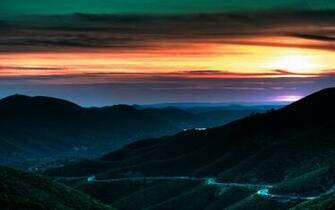Decline Sky Hills Road Bends Turns Orange Twilight Descent