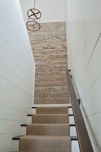 Shiplap Staircase Walls With Beige Bound Sisal Runner Country