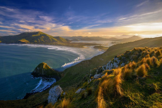 Sunset Beach Grass New Zealand Sea Mountain Clouds Nature Wallpaper