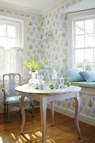 Kelp Wallpaper In Aqua And Hatteras Check Fabric Blue