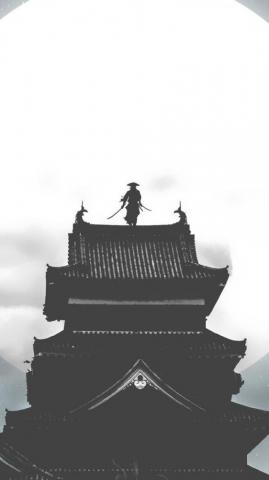 Moon House Samurai Warrior Night Art Wallpaper