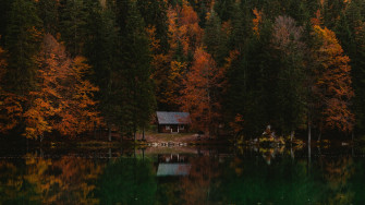 Cabin Reflection Fall Italy Forest Photography Lake 4k Ultra Wallpaper