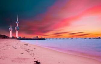 Wallpaper Landscape Sunset Bridge Kuwait Towers Image For