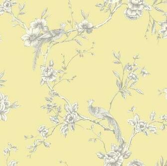 Chinoise Peacock Birds Tree Yellow Silver Cream Wallpaper
