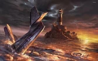 Crashed Airplane Near The Lighthouse Wallpaper Fantasy