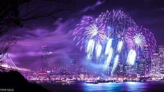 Fireworks Night Purple Timelapse Buildings Skyscrapers