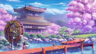 Cherry Blossoms Anime Scenery Wallpaper