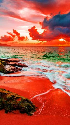 Red Beach Ocean Hawaii Nature Waves Clouds Wallpaper Do A Duvar