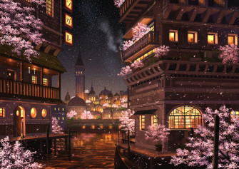 Cherry Blossoms Anime Scenery Night Buildings Wallpaper