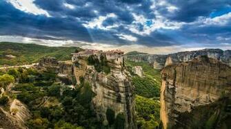 Wallpaper Kalambaka Greece Trees Mountains Houses Height