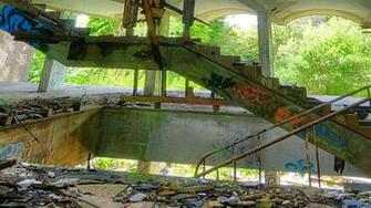 Screen Buildings Stairways Interior Abandoned Multiscreen Wallpaper