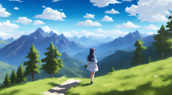 Anime Girl In The Meadow Above Mountains 4k By Subaru